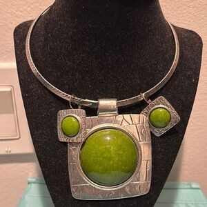 Green and Silver Statement Necklace with Textured Pendant